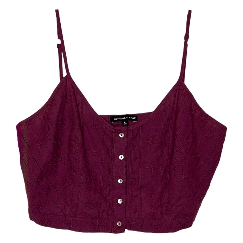Kendall & Kylie Burgundy Crochet Embroidered Cropped Top